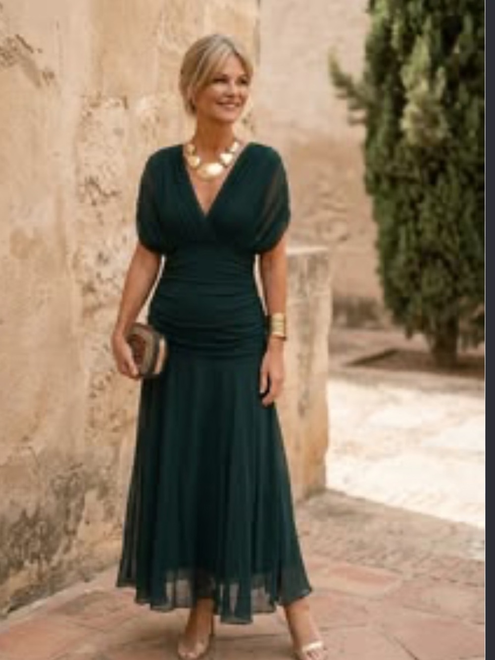 Chiffon Midi Dress with V-Neck and Ruched Waist in Deep Green